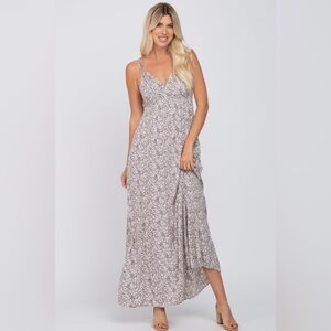 Final Touch Printed V Neck Gauze Maxi Dress Size Small Grey Blue Sleeveless